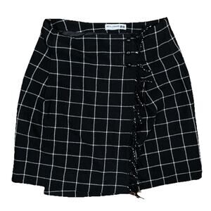 Ines De La Fressange Uniqlo Wool Lined Black White Plaid Wrap Fringe Skirt Sz 10